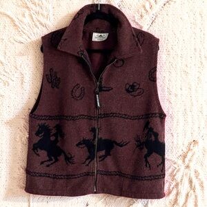 VTG 90s Black Mountain wool blend,Pile Fleece Full Zip Jacket Vest Horse 🐎 print